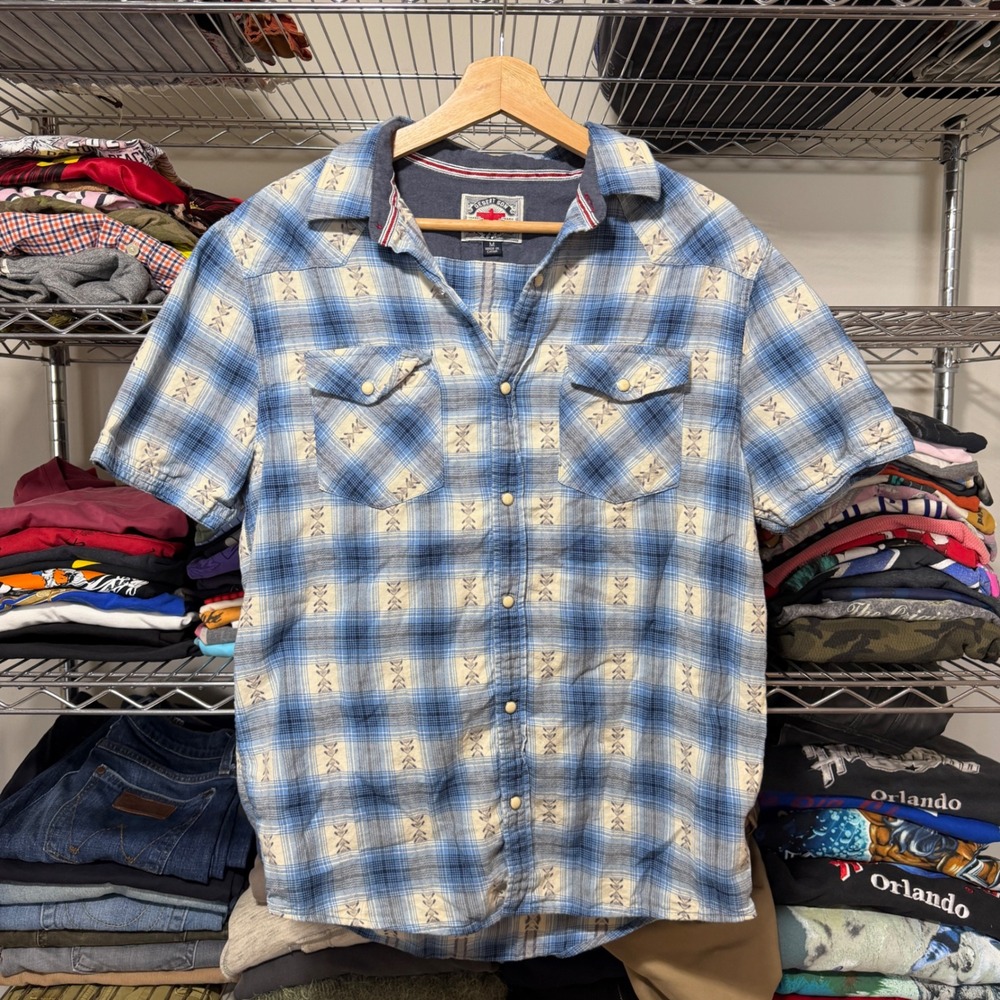 Desert Son Button Down Mens M Blue Plaid Western Short Sleeve Pearl Snap Shirt